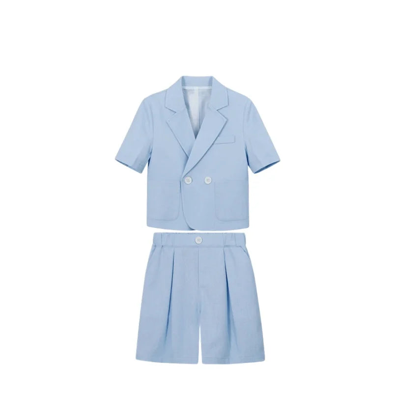 Kids Summer Short-Sleeved Wedding Suit Set Boys Blazer Pants Outfit Children's Piano Host Speech Performance Costume