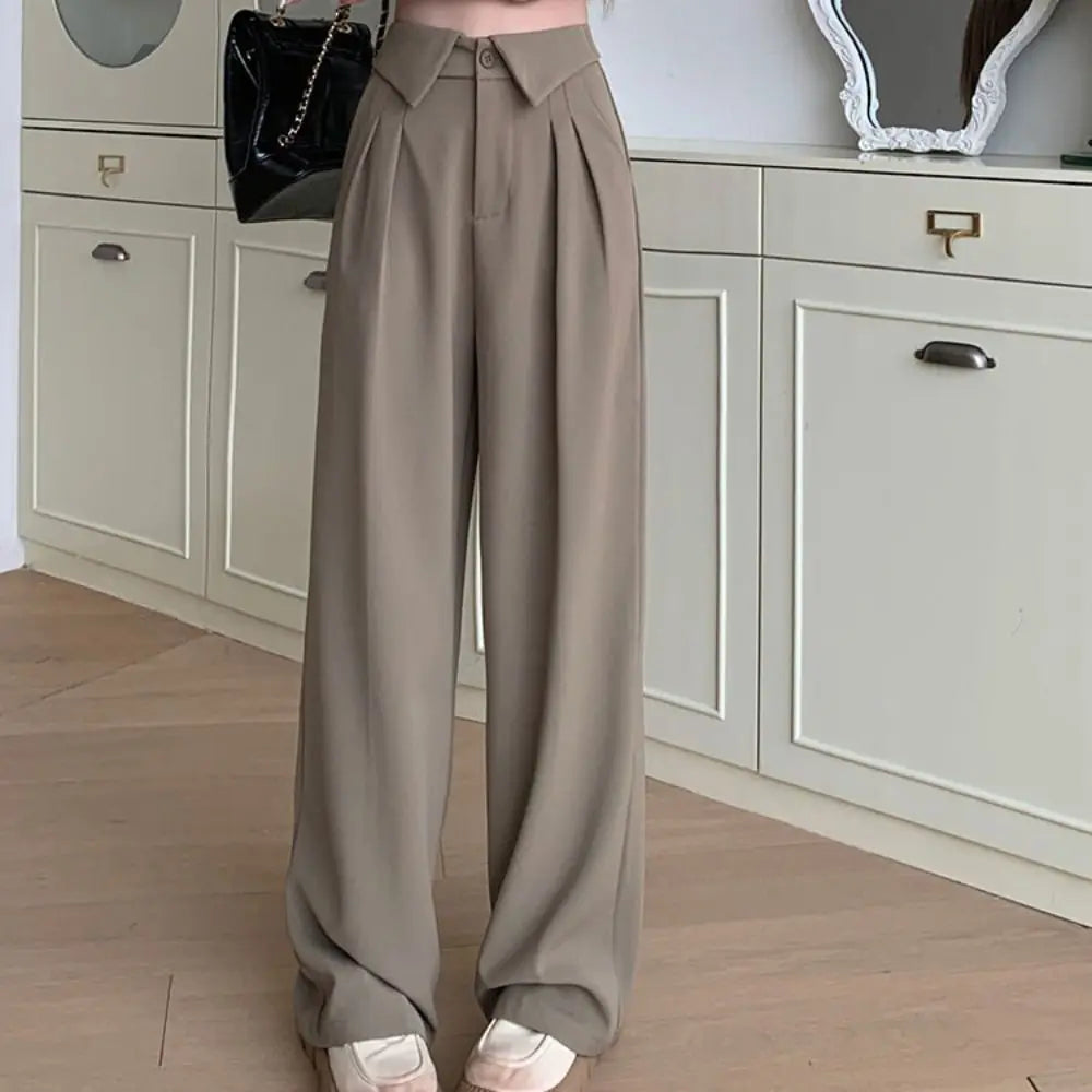Simple Loose Straight Leg Pants Workout Trousers High Waist Casual Pants Women Drape Feeling Autumn Flip Up Suit Pants Female