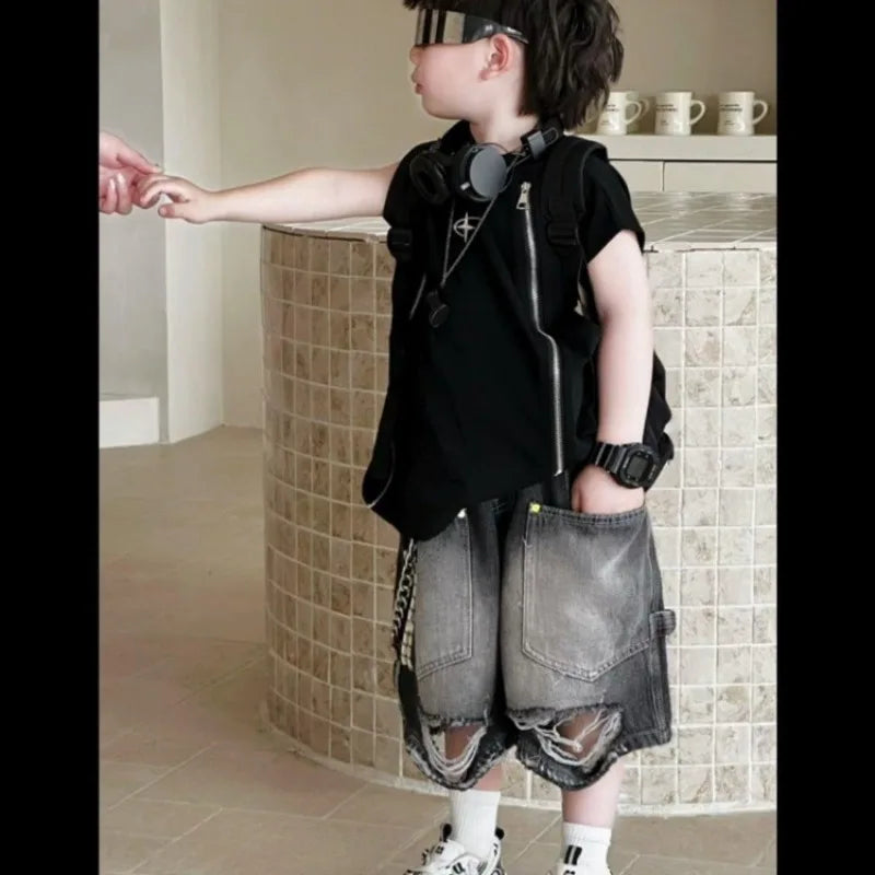 Boys' Korean Vintage Distressed Jeans 100% Cotton Streetwear Kids' Trendy Outfit