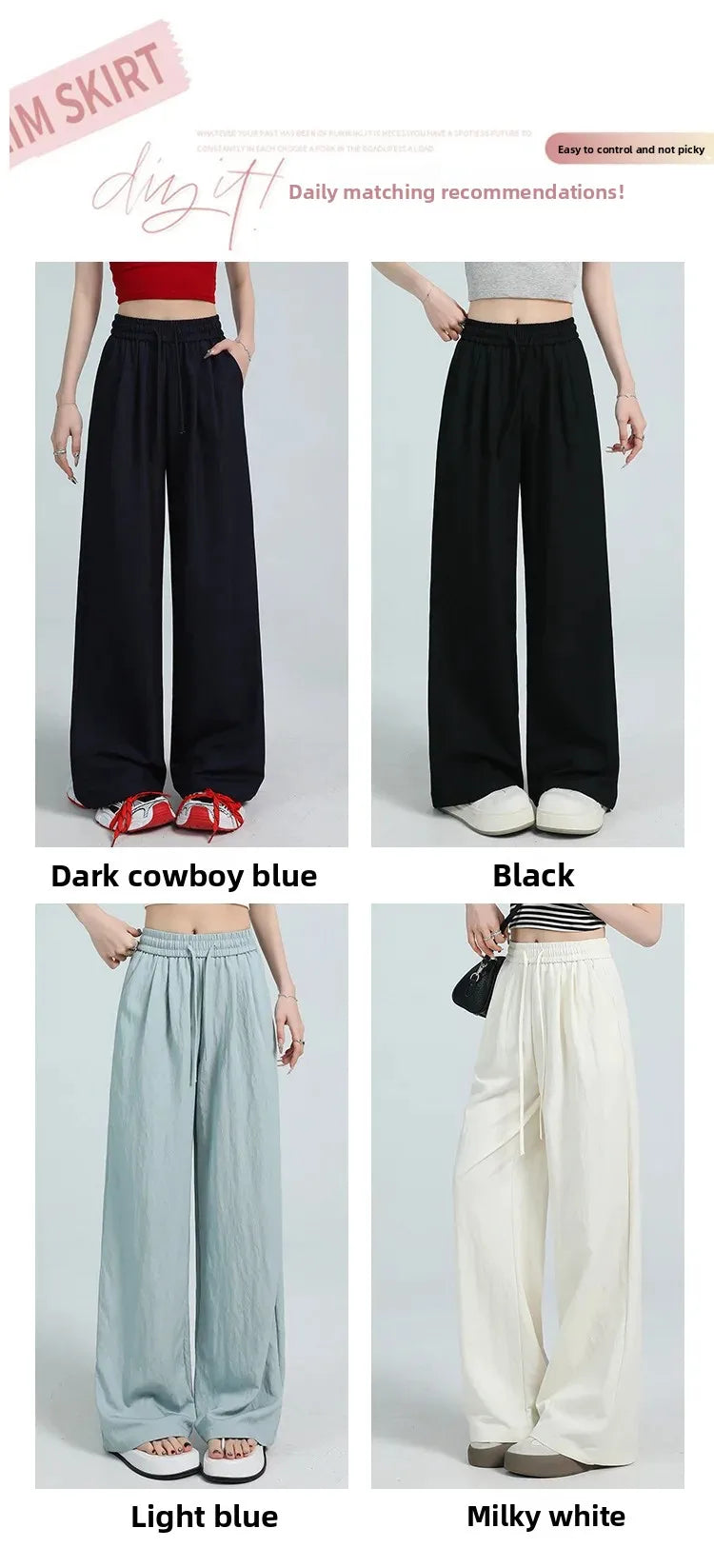White Ice Silk Wide Leg Pants Women's Summer Thin High Waist Slimming Casual Versatile Elastic Waist Draped Straight Leg Trouser