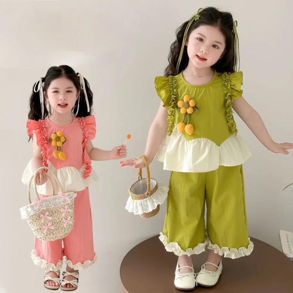 Summer Girls Fashion Cute Sleeveless O-Neck Flower Decoration Top + Pant 2 Pcs Set  Kids Casual Clothes Korean Version