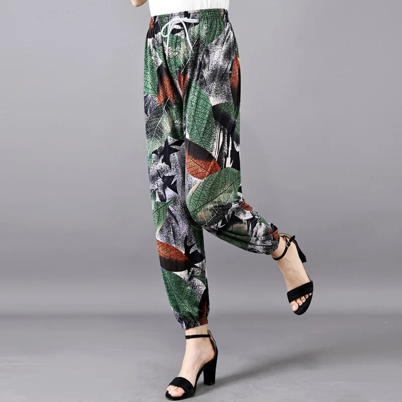 Summer Ladies Ice Silk Loose Casual Home Pants Elastic plus Size Mom Square Sports High Waist Straight Leg Length Nine Points