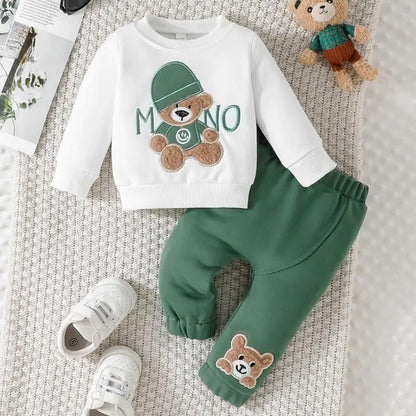 Boys and Girls Autumn and Winter New Cartoon Letter Hat Bear Embroidered Long Sleeve Hoodie Long Pants Two Piece Set