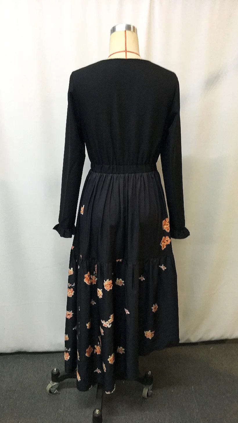 Western Cowgirl Floral Vintage Dress - Ethnic Print Lace-Up Boho Chic Women's Party Dress with Ruffled Hem & Puffed Sleeves
