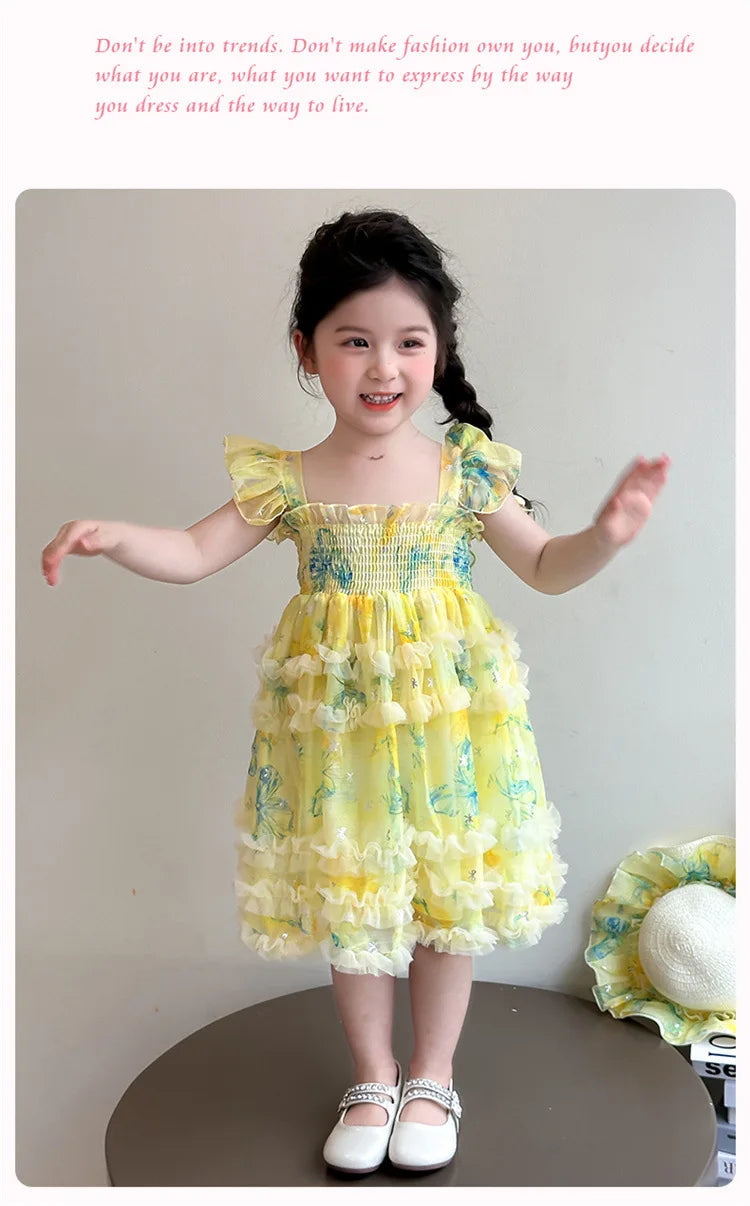 Girl Summer Mesh Dress Doll Baby  Kids Back Butterfly Flower Suspender Princess Dress Fashion Casual