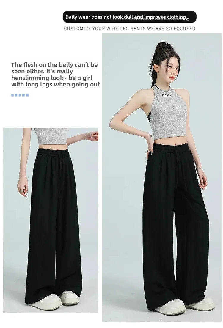 White Ice Silk Wide Leg Pants Women's Summer Thin High Waist Slimming Casual Versatile Elastic Waist Draped Straight Leg Trouser