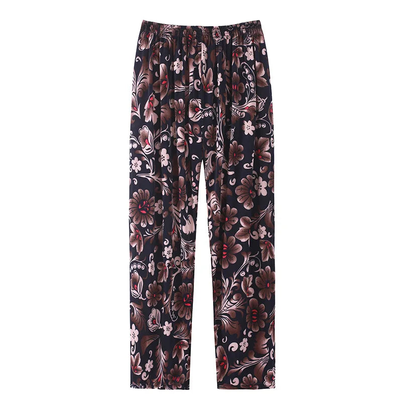 Summer Ladies Ice Silk Loose Casual Home Pants Elastic plus Size Mom Square Sports High Waist Straight Leg Length Nine Points