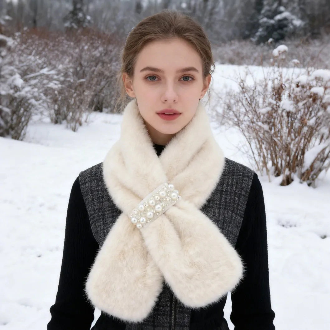 Autumn and winter high-end imitation rabbit fur women's outdoor thick warm cross pearl button plush scarf