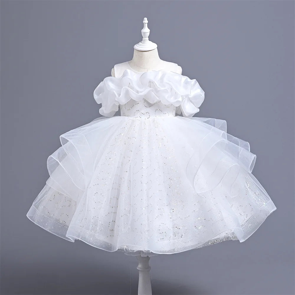 New Girl's Wedding Evening Dress Petal Sequin Mesh Sleeveless Dress Birthday Party School Graduation Party Dress