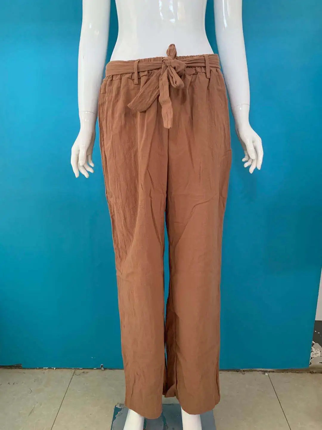 Women Cotton Linen Loose Pants Summer High Elastic Waist Drawstring Wide Leg Trousers JYFS-HS1435