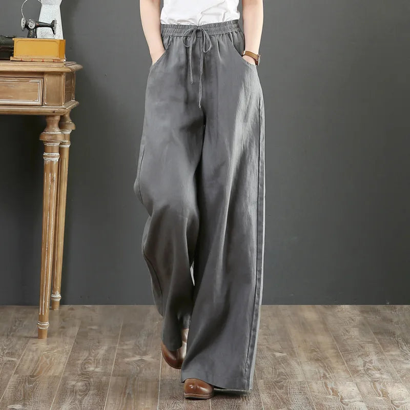 Women Retro Tai Chi Loose Wide Leg Pants Casual Cotton Linen High Waist Pants Mopping Straight Trousers Daily Wear Streetwear