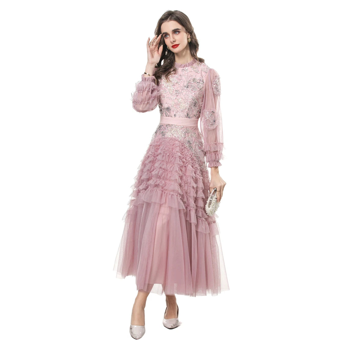 Women's Dresses O Neck Long Sleeves Beaded Tiered Ruffles Elegant Designer Lolita Party Vestidos