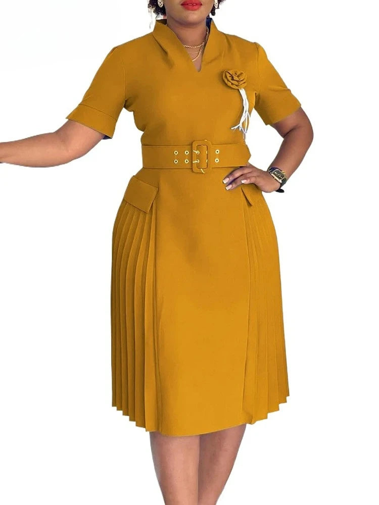 Elegant Party Dresses for Women V Neck Short Sleeve Belt Waisted Pleated Mid Calf Fashion Ladies Birthday Dinner Night Wear Robe