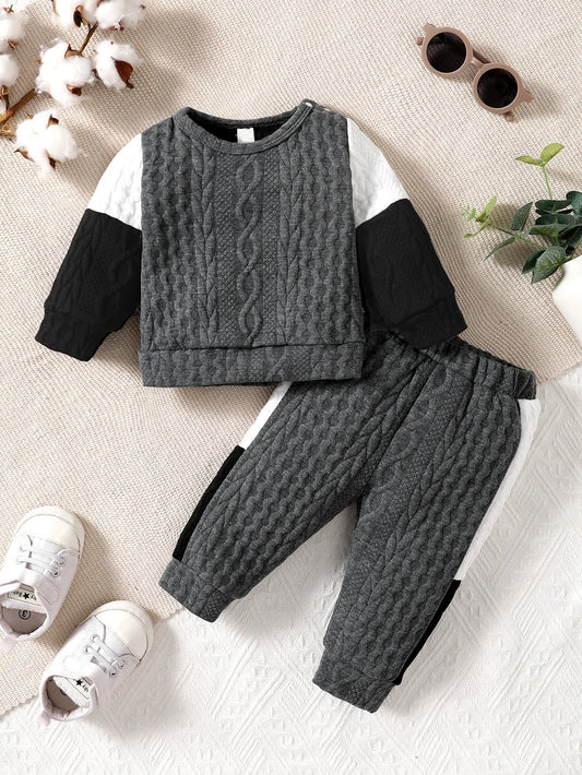 Boys' Winter Home Casual Shoulder Buckle Long Sleeve Thick Silk Cotton White Black Grey Stitching Long Sleeve Boys' Fashion Set