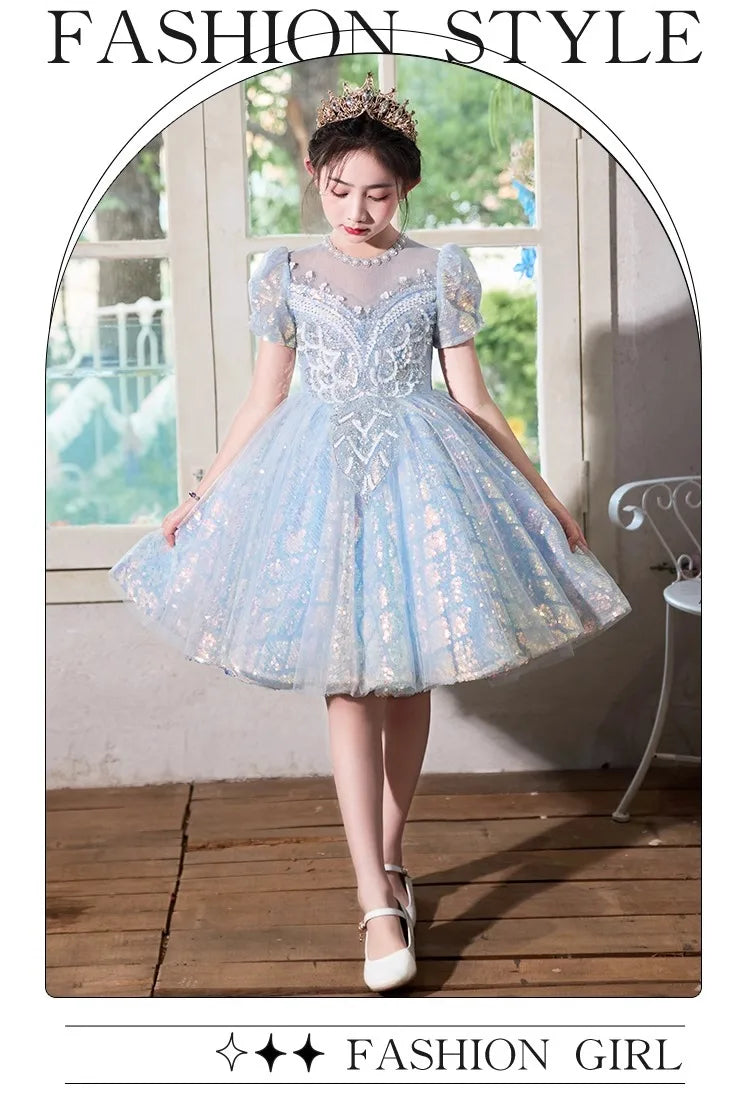 Party Dress Blue Girls Puffy Princess Dresses New Kids Gown Birthday Host Piano Recital Outfit Pageant Performance Formal Wear