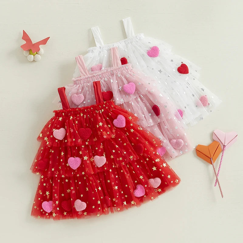 New Girls Dress Sweet Summer Kids Girl 3D Heart Tulle Dress Princess Children Sleeveless Birthday Vestidos Holiday Wear
