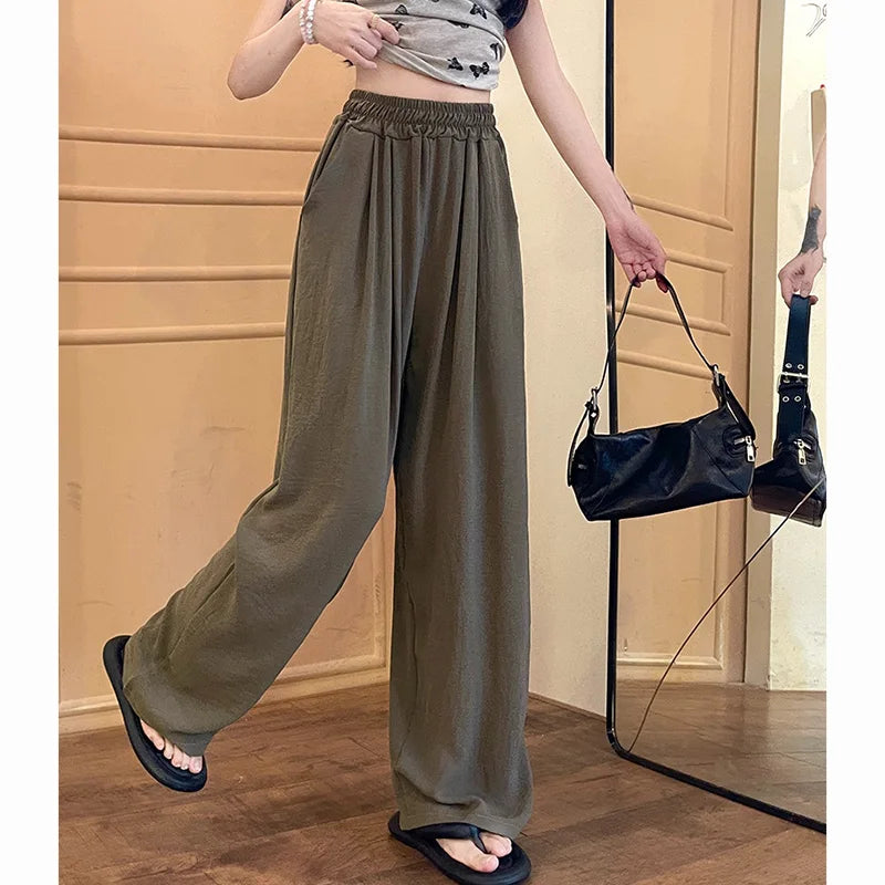 Summer Women Sweet Colorful Ice Silk Pants Lady Baggy Versatile Elastic Straight Leg Trousers Female Wide Leg High Waisted Pants