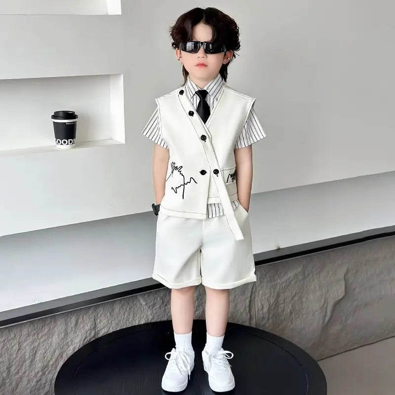 Spring Boy Retro Stripes TShirt+Pants Shorts+Vest Kid Children baby Gentleman Handsome Streetwear Party Clothes