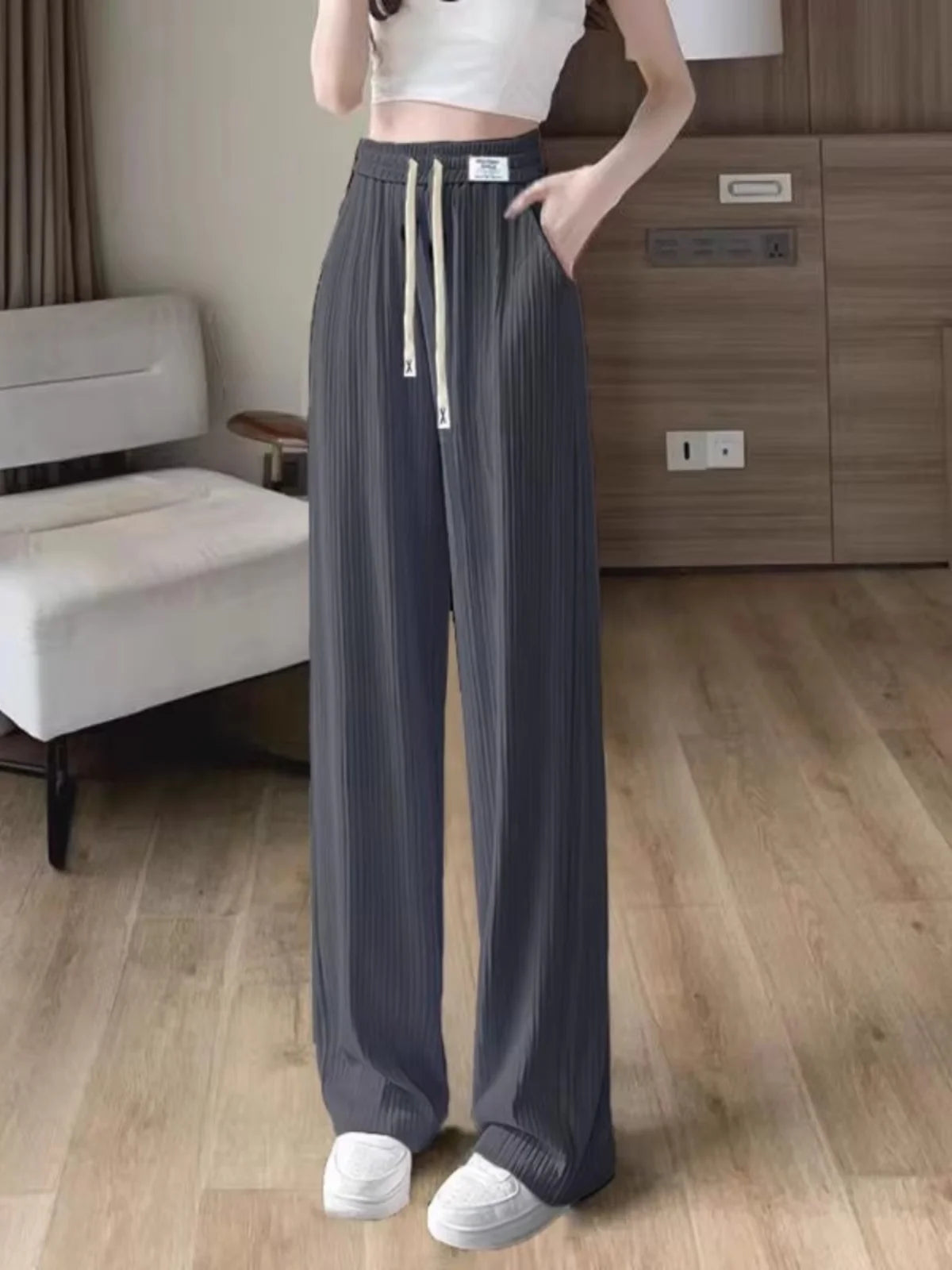 Ice Silk Wide Leg Pants Women's Summer Thin Hanging Sense Small Casual Summer Cool Straight Tube Pants High Waist Nine Points