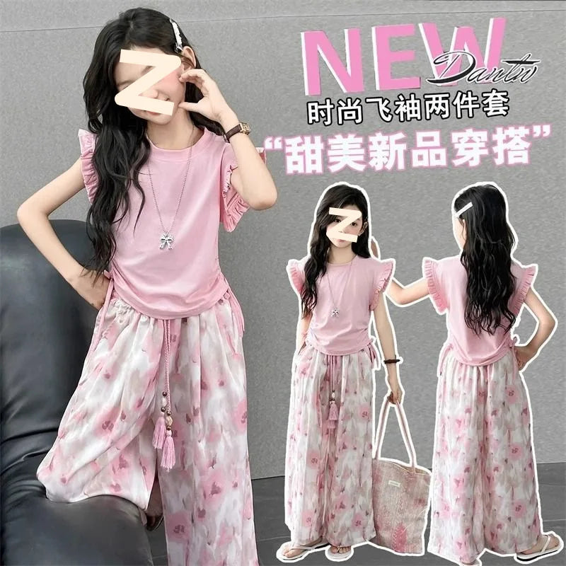 Children's Sets Girls Summer Thin Wide Leg Pants Set: Korean Trendy T-Shirt Two-Piece for Big Kids