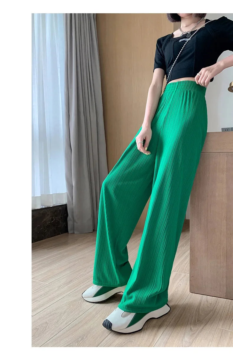 Korea Dongdaemun Ice Silk Wide-leg Pants Women's Thin Slimming Floor Pants White Striped Pants Y2K Fashion Pants Baggy