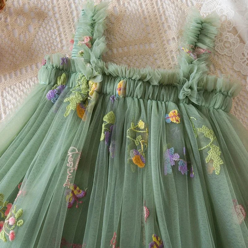 Summer New Sweet Girls' Little Sling Dress Children's Bow Floral Embroidery Mesh Tutu Princess Dress Baby Girl Dress