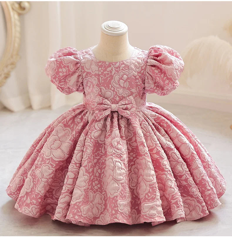 New Bubble Sleeve Girl's First Year Dress Wedding Flower Girl's Birthday Dress Bowknot Sweet Lovely Puffy Dress