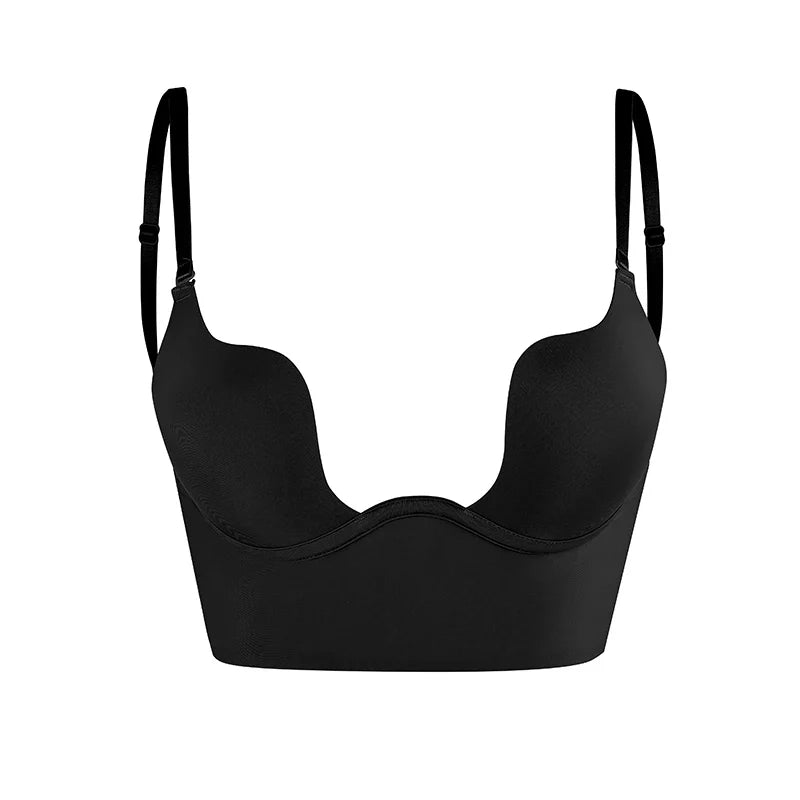 Seam-free Womens Low Cut Plunge Bra Wire Lifting Deep U Shaped Multi-Way Push Up Convertible Plunge Backless Sexy Bra