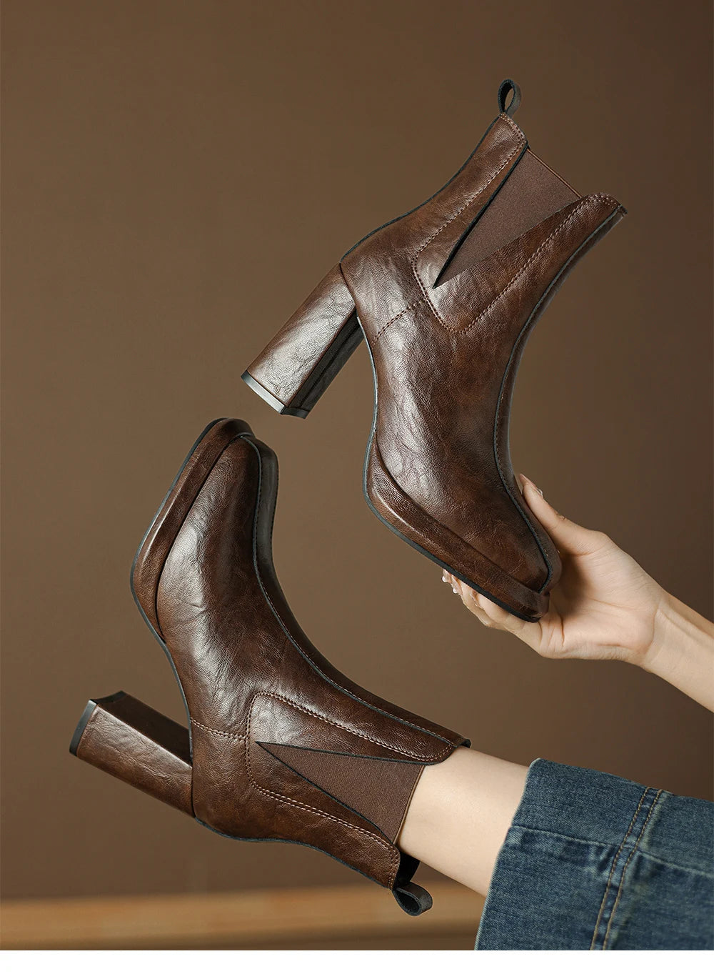 Autumn/Winter Women Boots Round Toe High Heel Shoes for Women Leather Boots Women Handemade Shoes Ankle Boots Ladies Shoes