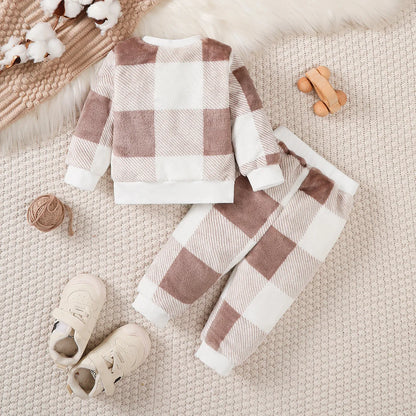 Baby Boys and Girls Winter Plush Clothing Set Long Sleeved Plaid Top+Pants 2PCS Warm Clothes Outfits for 3-24 Months Toddler Boy