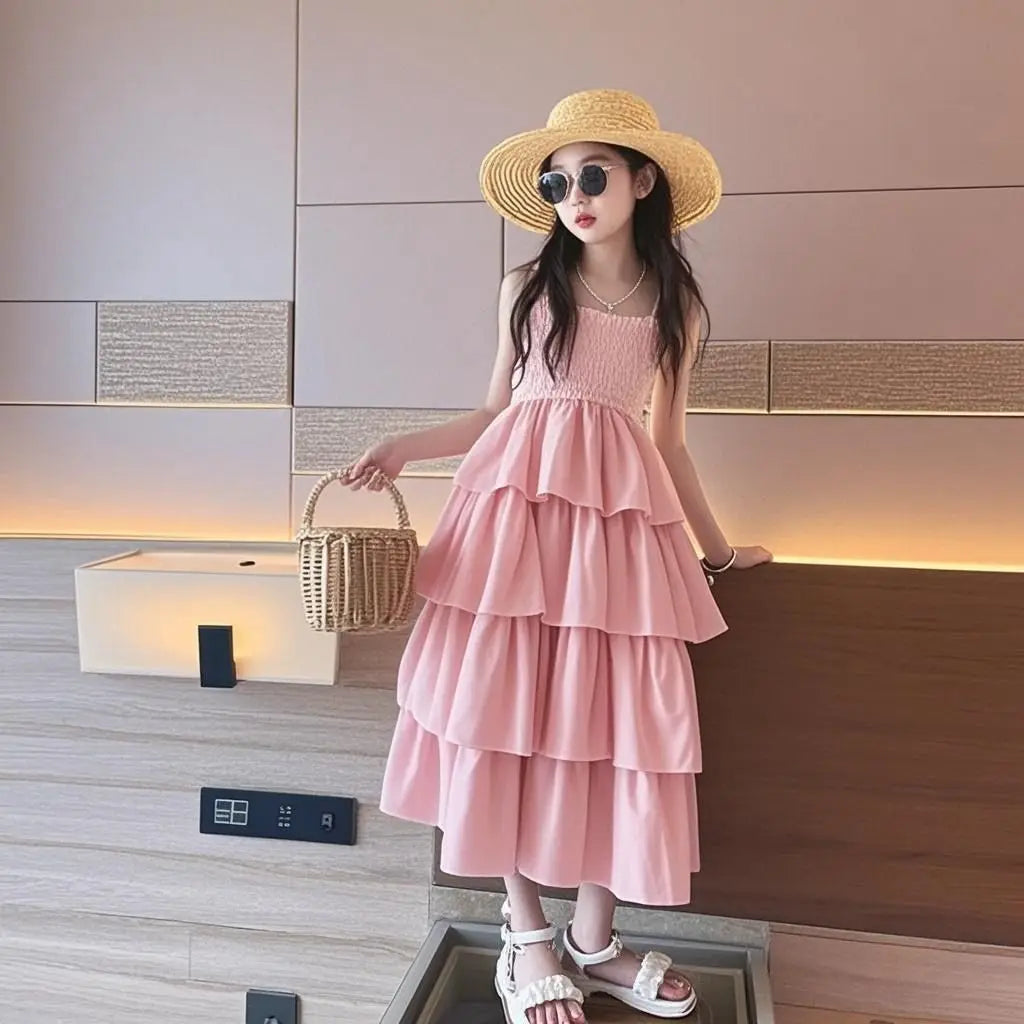 Kids Girls Summer Cake Dress  New Arrival Children Casual Multilayer Dresses Princess Sleeveless Sling Beach Rainbow Dress