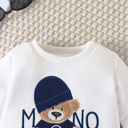Boys and Girls Autumn and Winter New Cartoon Letter Hat Bear Embroidered Long Sleeve Hoodie Long Pants Two Piece Set