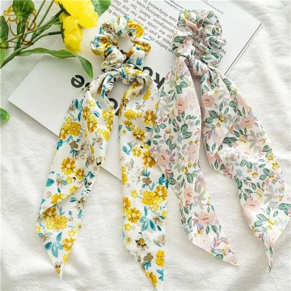 Women's Hair Accessories Girl Lady Elastic Headband Scrunchies With Ribbon Floral Design Trend Bandana Band Headbands Fashion