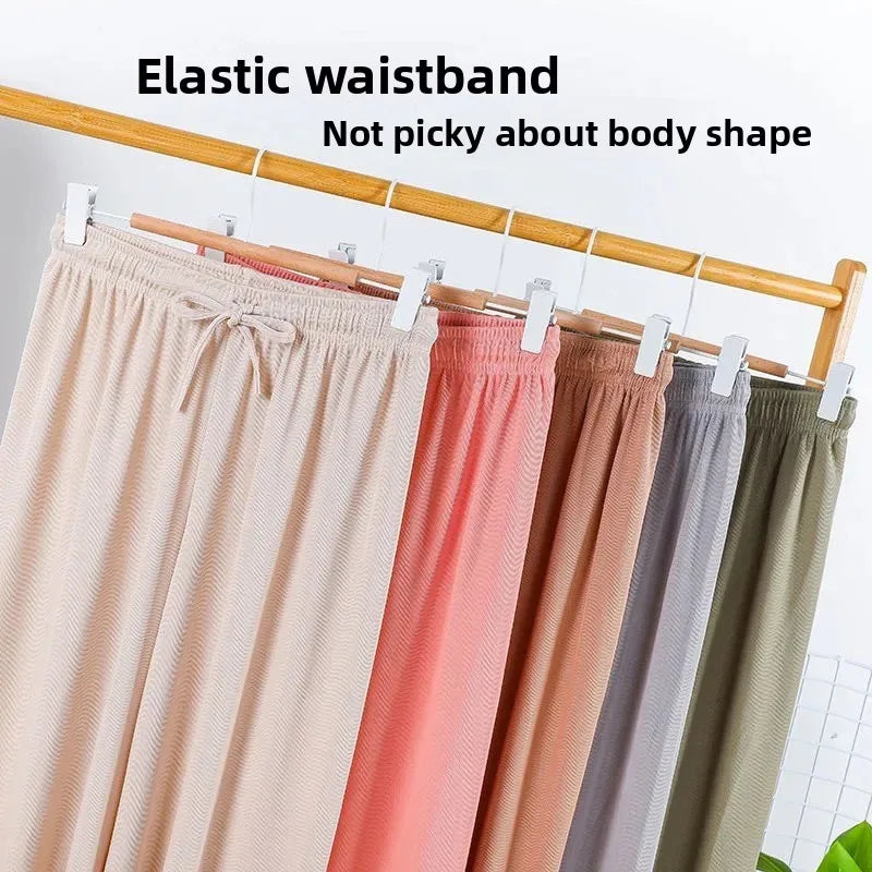 Ice Silk Wide Leg Pants Women's Summer  New High Waist Drape Loose Slimming Straight Bla Floor-Length Casual Trousers