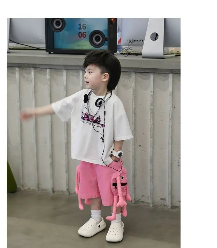 Korean Kids Clothes Boys' Summer Female Child Clothes Children's Printed Cotton Short Sleeved T-shirt Shorts 2piece Sports Set