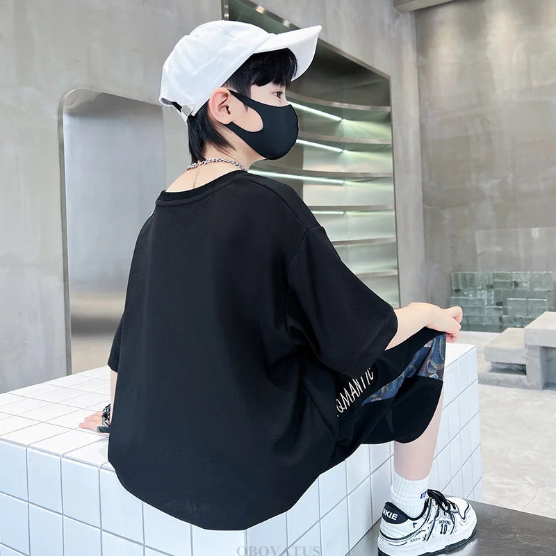 Boys Summer Suit Kids Short Sleeve T-Shirt Sports Casual Outfits for Teenage Boy Clothing Sets With Cartoon Bear
