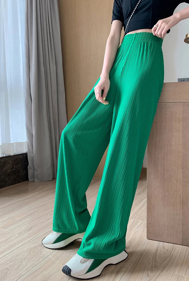 Spring Summer Ice Silk Wide Leg Pants for Women Korean Thin Chiffon High Waist Saggy Loose Straight Casual Fashion Trousers