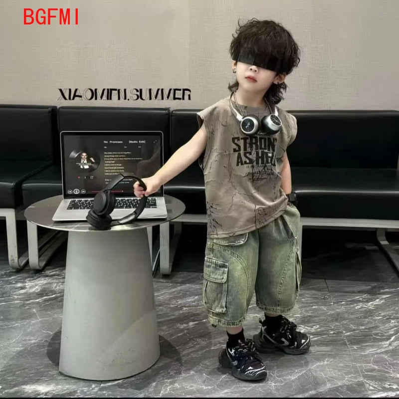 Kids Boy New Outfit Set Korean Children's Summer Clothing Denim Shorts +Thin Tie Dye Vest Sleeveless T-shirt 2-piece Set