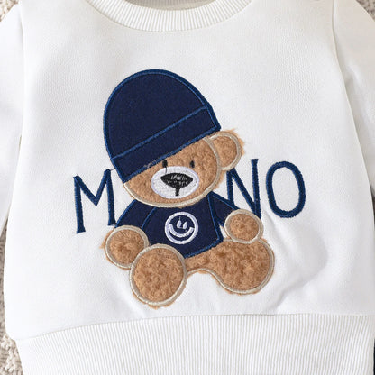 Boys and Girls Autumn and Winter New Cartoon Letter Hat Bear Embroidered Long Sleeve Hoodie Long Pants Two Piece Set