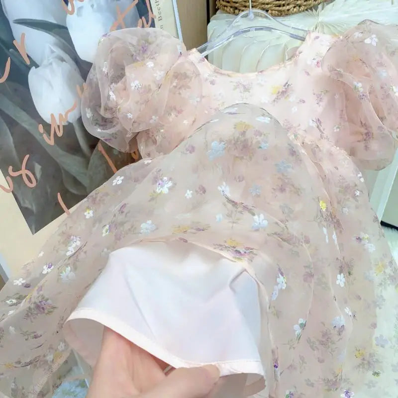Girls Flower Sweet Gentle Pink Princess Skirt Childrens Ball Gown Puff Sleeve Dress