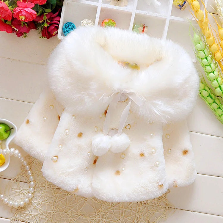 Girls Winter Fleece Cape Cloak with Faux Fur Collar Polka Dot Pearl Bowknot Warm Poncho Coat for Toddler Baby Girl Autumn Outerw