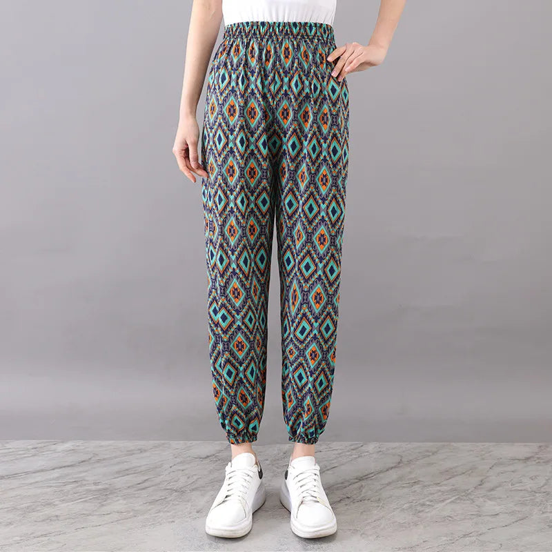 Summer Ladies Ice Silk Loose Casual Home Pants Elastic plus Size Mom Square Sports High Waist Straight Leg Length Nine Points