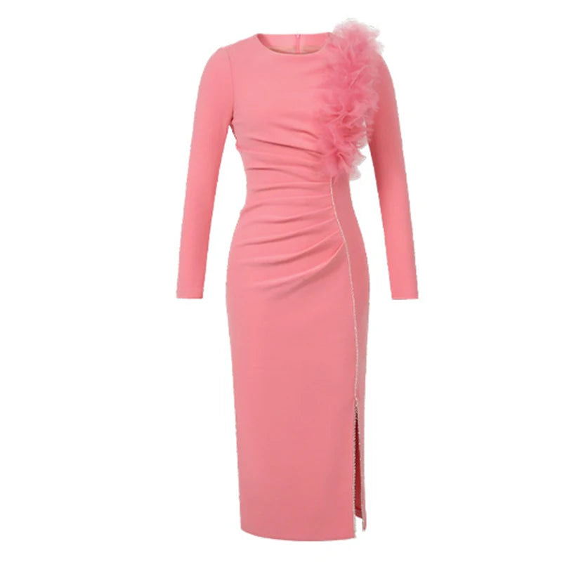 Banquet Evening Dress Women Elegant Style Flower Beading Folds Slit Robe Female Party Prom Vestidos Catwalk Gown