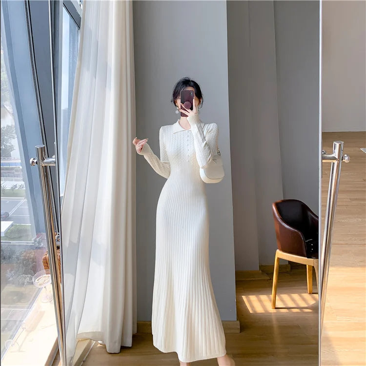 Sweater Dress Women New  Autumn Winter Purple White Or Black High Waist A Line Dress Elegant Long Knitted Dress