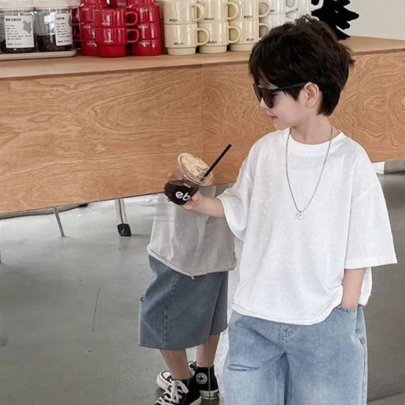 Kids' Oversized Star Print T-Shirt Korean Style Summer Casual Breathable Cotton Top