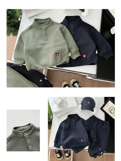 2024 Winter New Baby Boys Fleece Sweatshirt + Sweat Pants 2pcs Suit Infant Plus Velvet Thick Clothes Set Toddler Warm Outfits