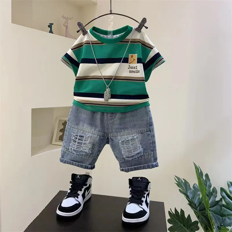 Boys Summer  New Boutique Design Outfits Cotton Set Baby Boys Short Sleeve Shirt Jeans Shorts 2pcs Clothing Children 6 7 8Y
