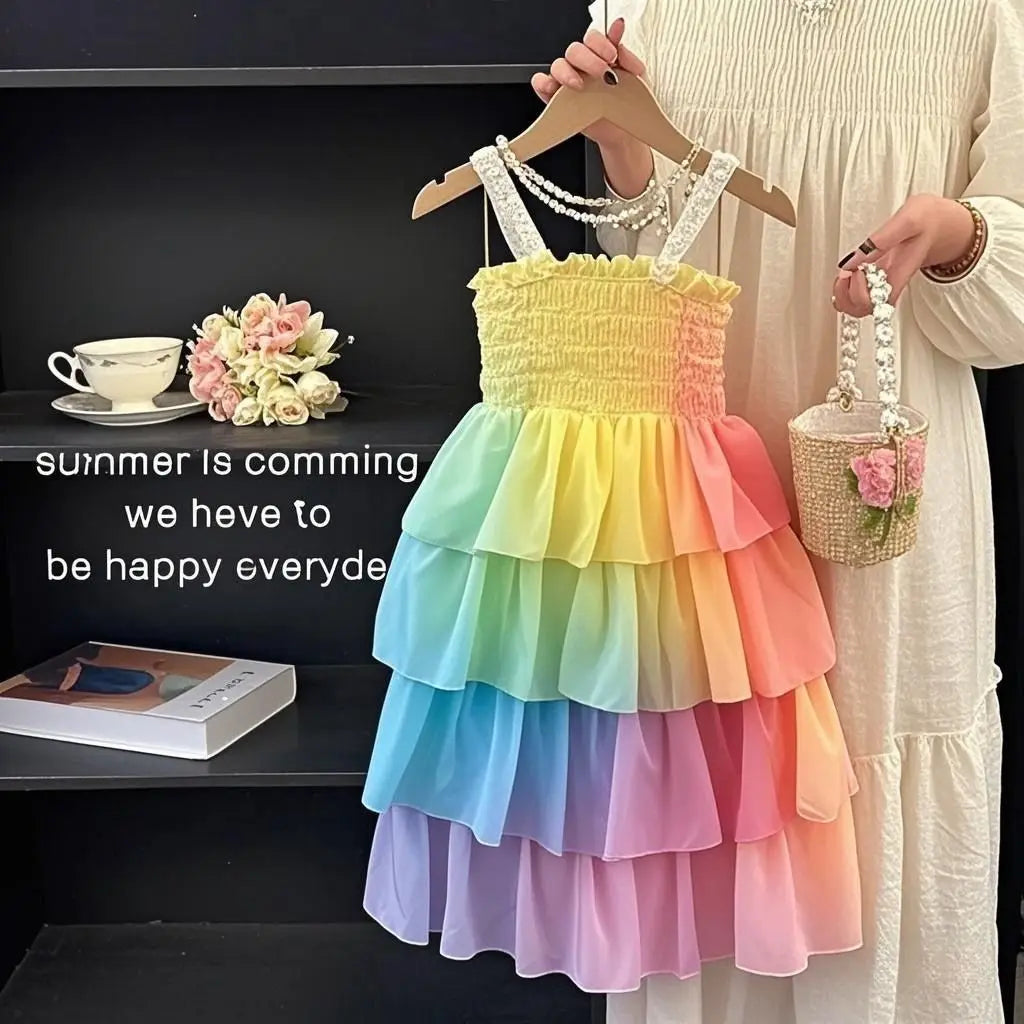 Kids Girls Summer Cake Dress  New Arrival Children Casual Multilayer Dresses Princess Sleeveless Sling Beach Rainbow Dress