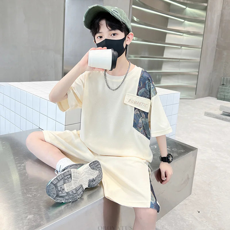 Boys Summer Suit Kids Short Sleeve T-Shirt Sports Casual Outfits for Teenage Boy Clothing Sets With Cartoon Bear