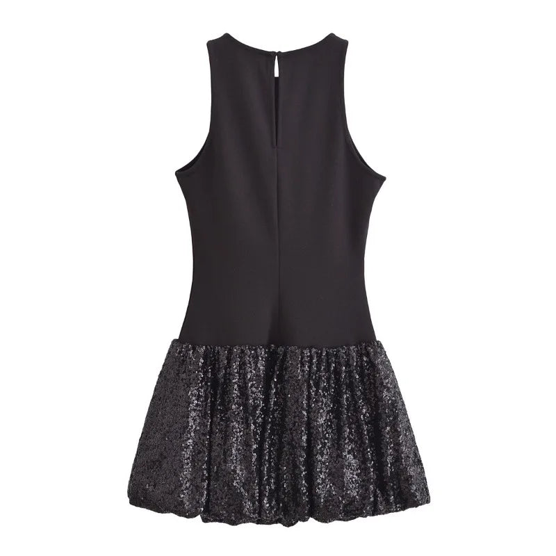 Fashion Party Dress for Women Fashion Autumn Winter New Round Neck Sleeveless Sequined Patchwork Chic Female Evening Clothing